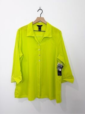 Ali Miles NWT Button Front Shirt Size XL Lime Green Long Sleeve Collared Blouse